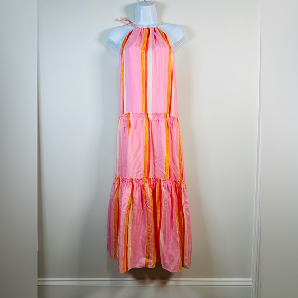 Club Monaco Striped Pastel Maxi Dress Perfect For Vacation 100% Silk Size 12 NWT - Picture 3 of 13